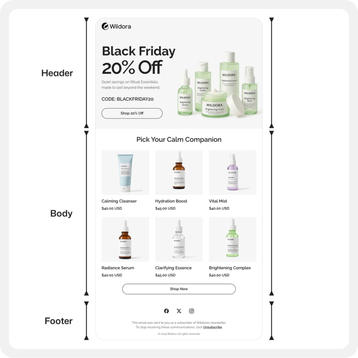 Email structure showcasing three parts: header, body, and footer.